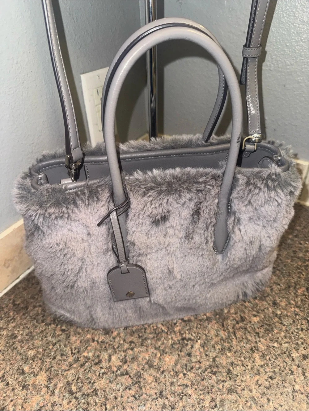 kate spade super rare Gray Faux Fur Satchel with crossbody strap (hard to find)